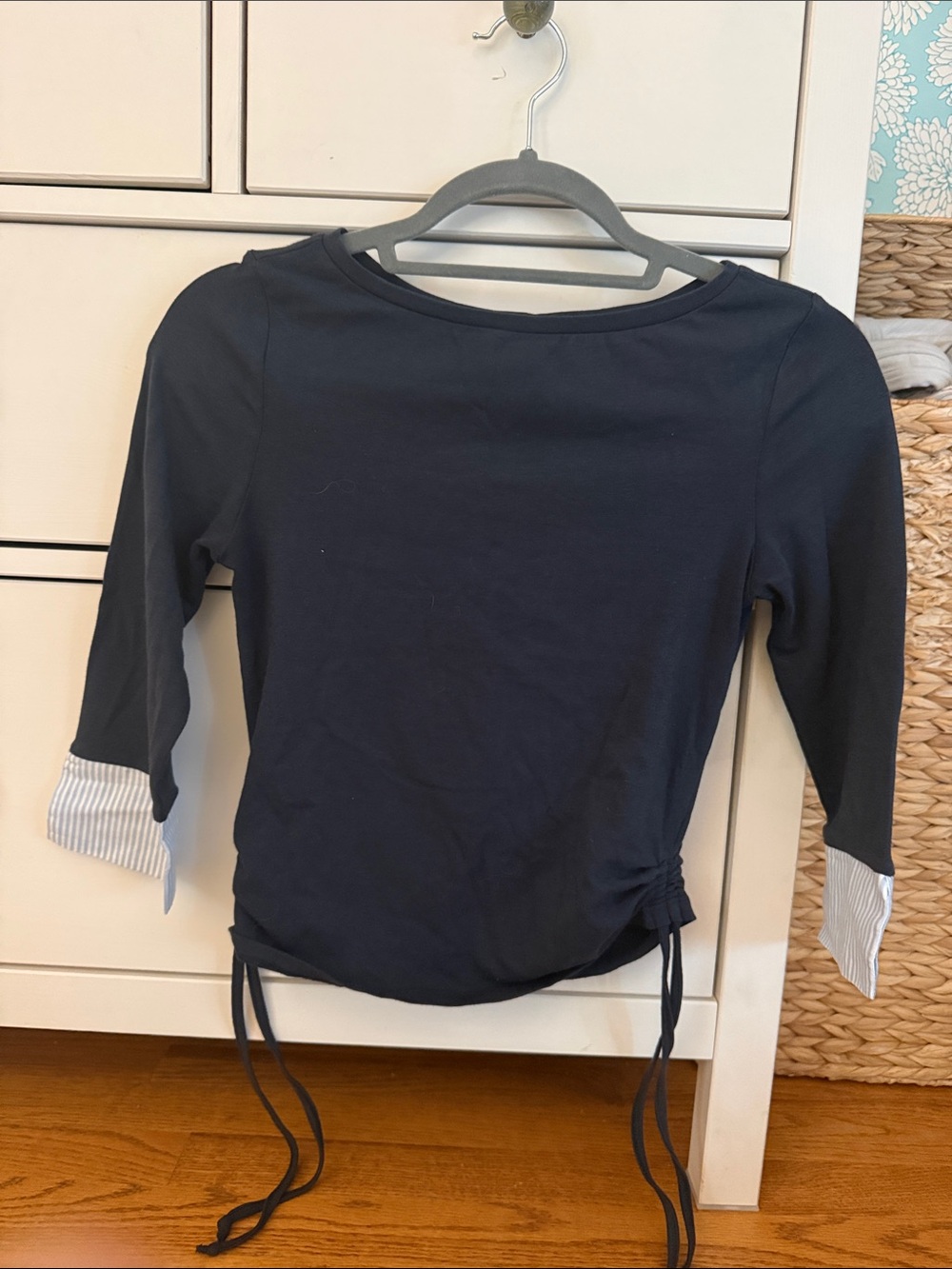 Subdued Navy Drawstring Long-Sleeve Top with Stripe Cuff